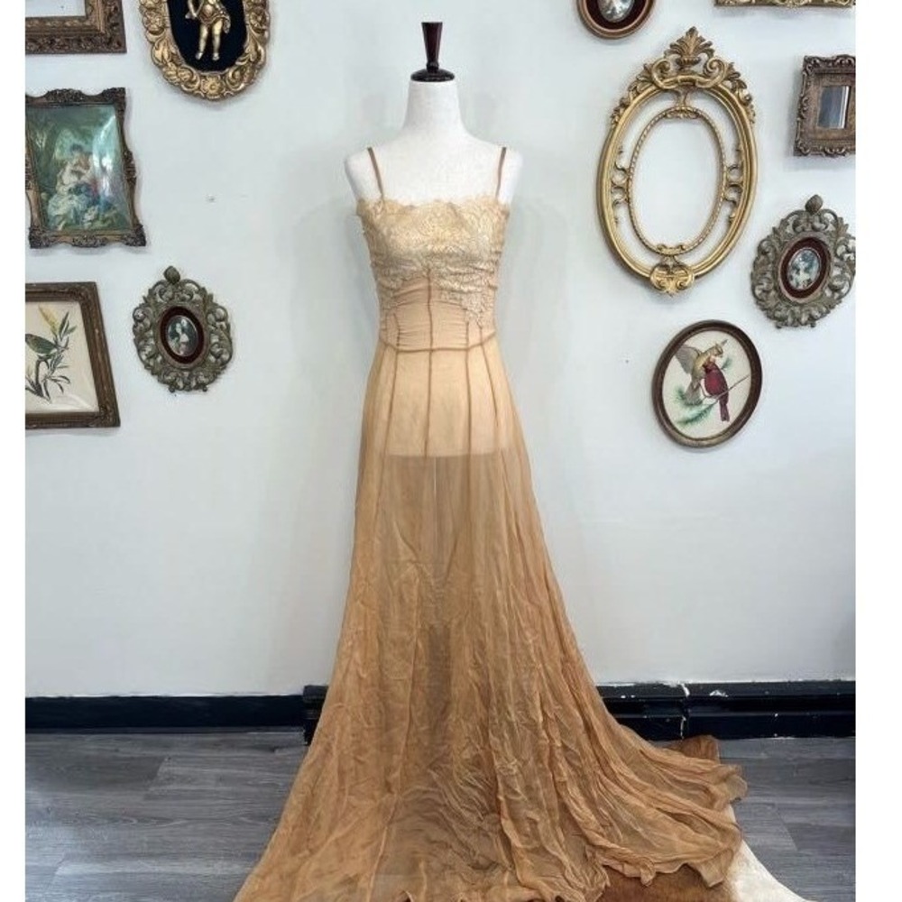 Rosamosario Gold Silk Chantilly Lace Gown